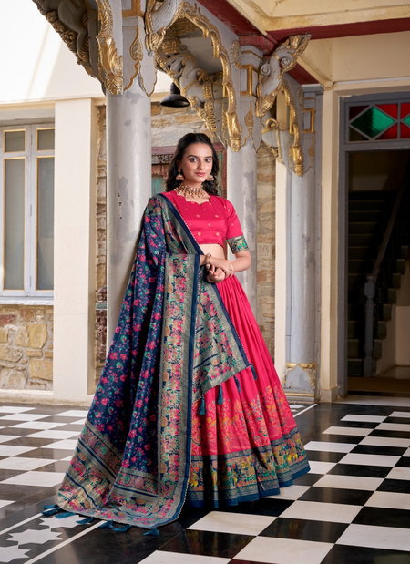 Pink Colour Tasar Silk Printed With Foil Work Lehenga With Blouse And Dupatta LNB1245